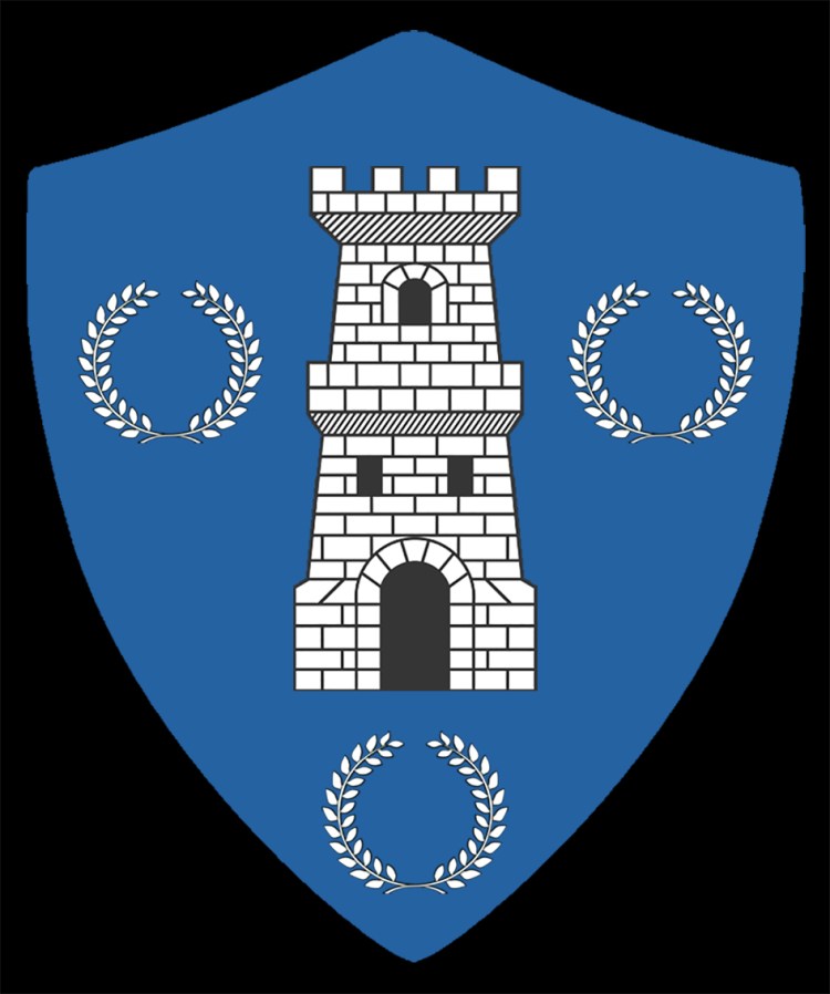 Vaakuna, jossa on sinisellä kentällä valkoine torni ja kolme valkoista laakeriseppelettä.