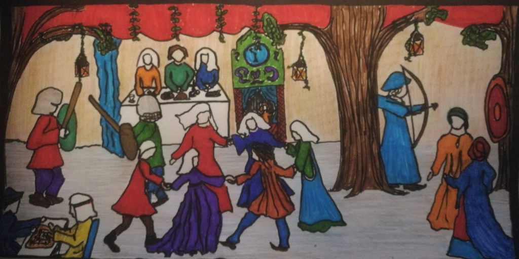 Piirroskuva keskiaikaisista pidoista.